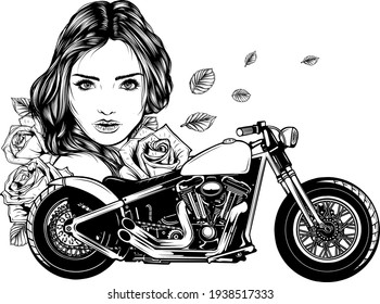 dibujar en blanco y negro a una chica vectorial con rosas y motocicleta