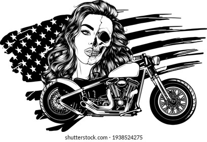 draw in black and white of vector illustation vintage chopper motorcycle with woman face and american flag