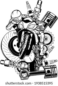 dibujo en blanco y negro de la ilustración vectorial de la motocicleta con el diseño Spares