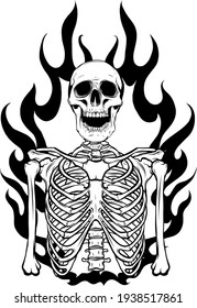 draw in black and white of vector illustration of skeleton in flame design