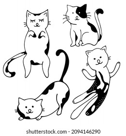 Draw black and white vector illustration character collection cute cats. Doodle cartoon style. Set characters.