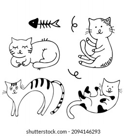 Draw black and white vector illustration character collection cute cats. Doodle cartoon style. Set characters.