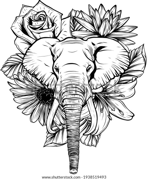 頭象と花のベクターイラストを白黒で描きます のベクター画像素材 ロイヤリティフリー