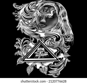 draw in black and white of woman face with gothic eye and flower illustration,dark ink