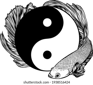 dibujo en blanco y negro de Yin Yang betta splendens fish vectorial ilustración art