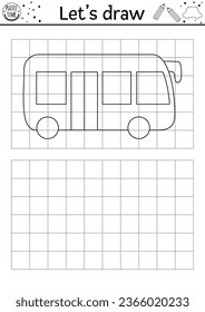 Dibuja el autobús. Hoja de trabajo de práctica de dibujo del transporte de vectores. Actividad imprimible en blanco y negro para niños con vehículo público. Copia de transporte o completa la página de coloreado de imágenes
