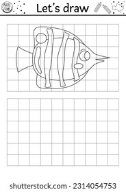 Draw the butterfly fish. Vector under the sea drawing practice worksheet. Printable black and white activity for kids with water animal. Ocean life copy or complete the picture coloring page
