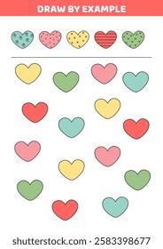 Draw by example. Heart. Visual perception game for kids. Isolated vector illustration eps 10