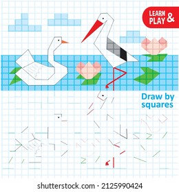 Draw by Squares Swan, Stork on lake Art Kid Game