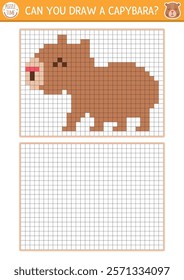 Draw the capybara by pixel grid. Vector drawing practice worksheet with cute animal. Printable black and white activity for kids. Copy the picture coloring page with field with squares