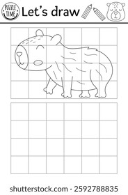 Draw the capybara. Vector capibara drawing practice worksheet with cute animal. Printable black and white activity for kids. Copy or complete the picture coloring page
