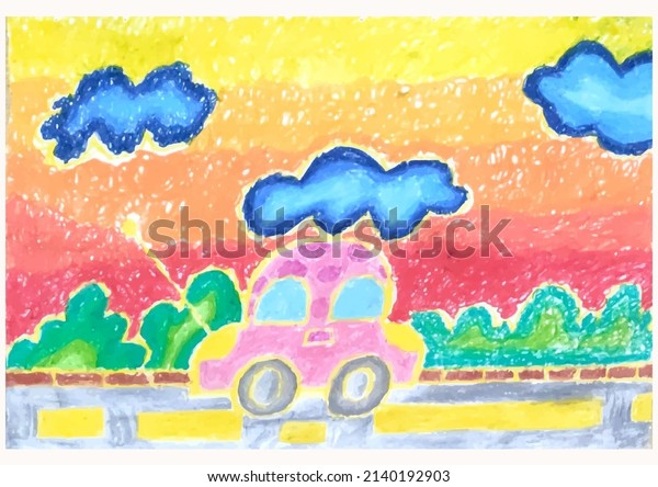 draw car and\
beautiful view by childs with\
crayon