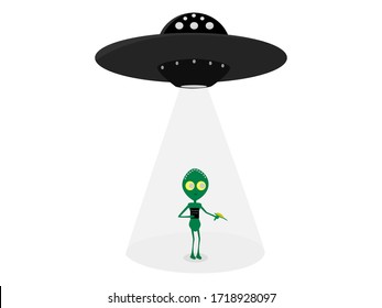 Draw cartoon character UFO flat design, alive come with UFO visitor universe concept pattern isolated white background 