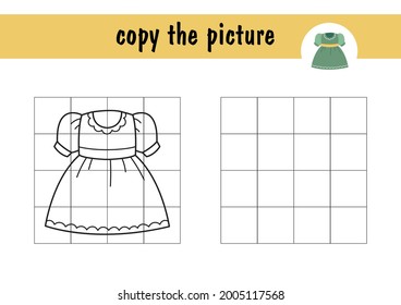 Draw a cartoon dress for children using the example. Children s mini-game on paper, learning to draw. Copy the picture using grid lines, simple toddler game with easy level of play, drawing game for