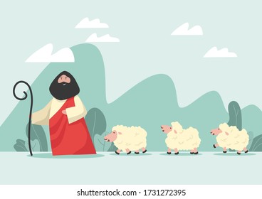 Draw cartoon Jesus and lambs as a vector, able to be used with various media and designs.