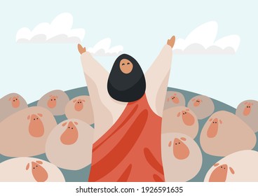 Draw cartoon Jesus and lambs as a vector, able to be used with various media and designs.