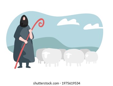 Draw cartoon Jesus and lambs as a vector, able to be used with various media and designs.
