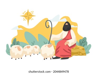 Draw cartoon Jesus and lambs as a vector, able to be used with various media and designs.