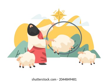 Draw cartoon Jesus and lambs as a vector, able to be used with various media and designs.