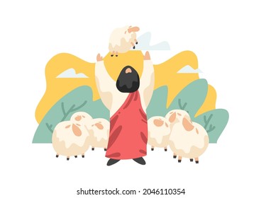 Draw cartoon Jesus and lambs as a vector, able to be used with various media and designs.