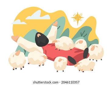 Draw cartoon Jesus and lambs as a vector, able to be used with various media and designs.