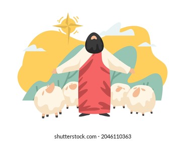 Draw cartoon Jesus and lambs as a vector, able to be used with various media and designs.