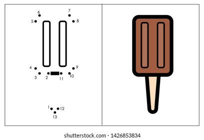 Draw a cat connect the dots. Cartoon popsicle ice cream for educational game for children. Vector illustration. Educational number puzzle for kids. Coloring book Dot to dot game with food