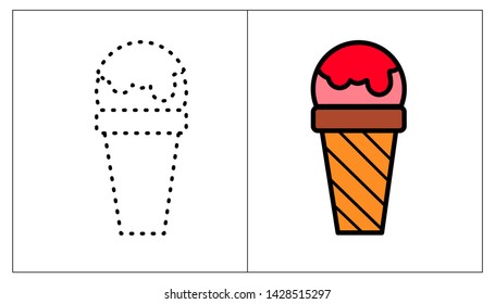 Draw a cat connect the dots. Cartoon Ice cream Waffle cup with ball for educational game for children. Vector illustration. Educational number puzzle for kids. Coloring book Dot to dot game with food