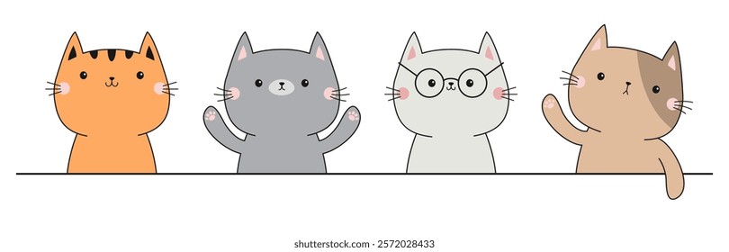 Draw Cat set banner. Contour line Kitten with hands Paw print. Eyeglasses. Funny Kawaii pet animal silhouette. Cute cartoon doodle baby character. Childish style. Flat design. White background. Vector