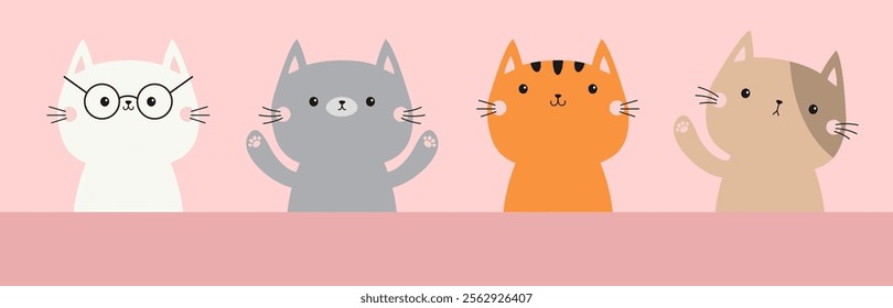 Draw Cat set line banner. Kitten with hands Paw print. Funny Kawaii pet animal. Cute cartoon doodle baby character. Gray, orange silhouette. Childish style. Flat design. Pink background. Vector