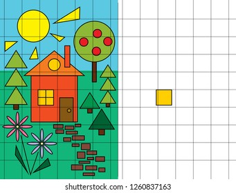 Draw in the cells.Circle, square, triangle. We learn shapes. Logic tasks for preschool children.  Puzzles for children. Workbook  for preschool education. Vector illustration.