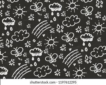 Draw Chalkboard with Cloud Butterfly Rain sun Blue Blackboard Shock vector illustration.