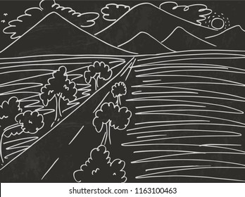 Draw Chalkboard with trees mountain Road Blackboard Shock vector illustration.