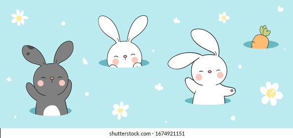 Draw character banner design cute rabbit and carrot in hole on blue color.For Easter and spring.Doodle cartoon style.