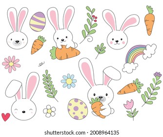 Draw character banner design rabbit with egg and carrot on white color. cute hand drawn doodle for kid. Vector illustration of Doodle cute for design elements.