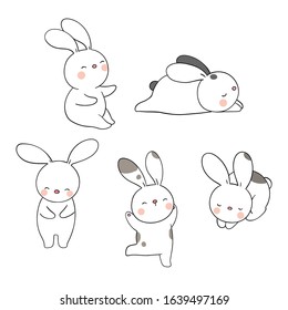 Draw character collection rabbit different pose on white Doodle cartoon style.