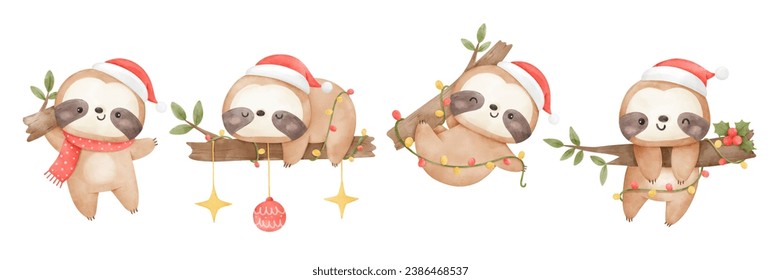 Draw character cute baby sloths christmas with santa hat For Christmas Winter Watercolor style