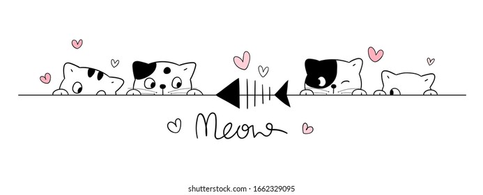 Dibujar personajes adorables gatos mirar los peces en blanco. Estilo caricatura de Doodle.