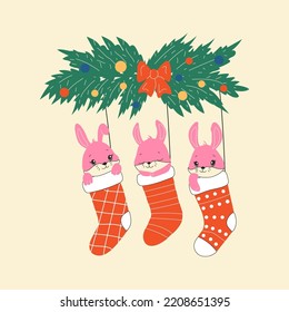 Draw character cute rabbits sleep in Christmas sock for Christmas day and new year.Draw doodle cartoon style.  All elements are isolated	