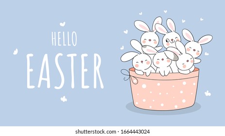 Draw character design banner background little rabbit in sweet bowl For.Easter and spring.Doodle cartoon style.