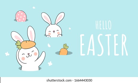 Draw character design banner background little rabbit in hole.For Easter and spring.Doodle cartoon style.