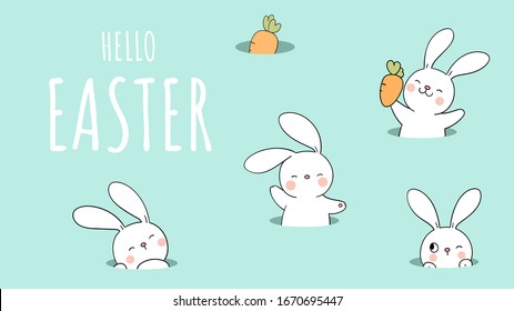 Draw Character Design Banner Background Little Rabbit In Hole On Green Pastel.For Easter And Spring.Doodle Cartoon Style.