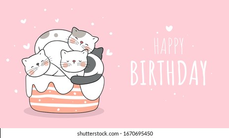 Draw character design banner background cute sleeping on sweet cake.For birthday concept.Doodle cartoon style.