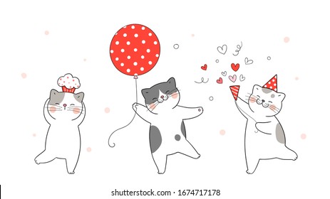 Draw character design banner background cute cat with red balloon and cupcake on white.For birthday.Doodle cartoon style.