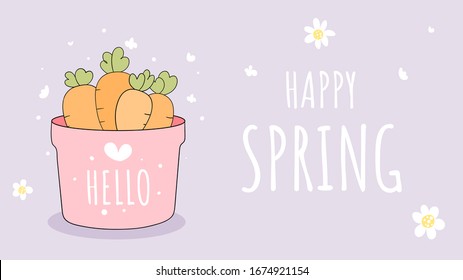 Draw character design banner background carrot in garden pot For Easter and spring.Doodle cartoon style.