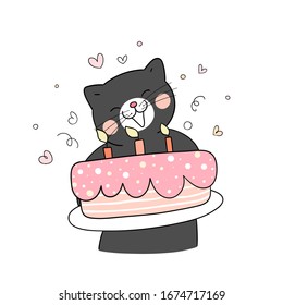 Draw character design black cat holding sweet cake for birthday.Doodle cartoon style.