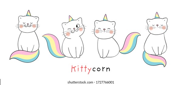 Draw character design collection adorable cat like unicorn.Isolated on white.Doodle cartoon style.