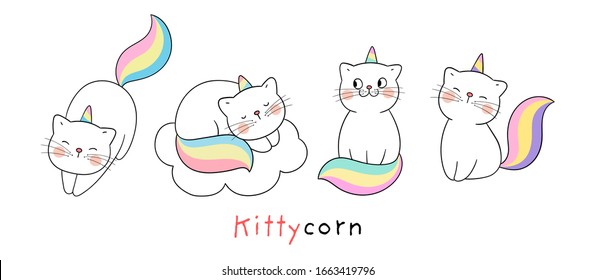 Draw character design collection cute cat like unicorn.Isolated on white.Doodle cartoon style.