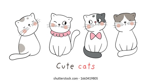 Draw character design collection cute cat.Isolated on white.Doodle cartoon style.