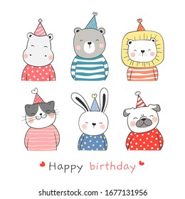 Draw Character Design Collection Cute Animal With Party Hat For Birthday.So Funny.Doodle Cartoon Style.